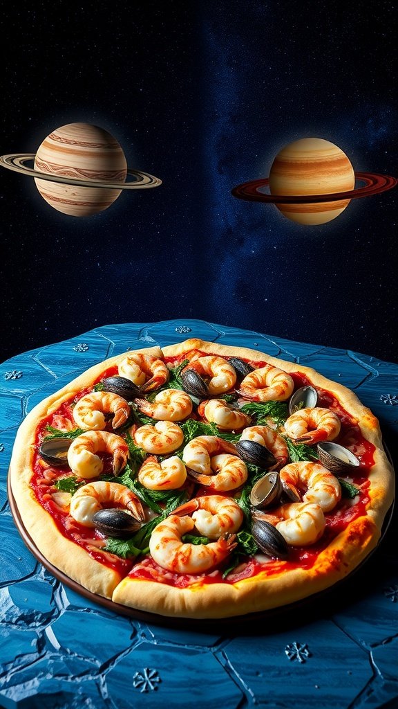 Neptune-inspired seafood pizza with shrimp and clams, set against a cosmic background with planets.