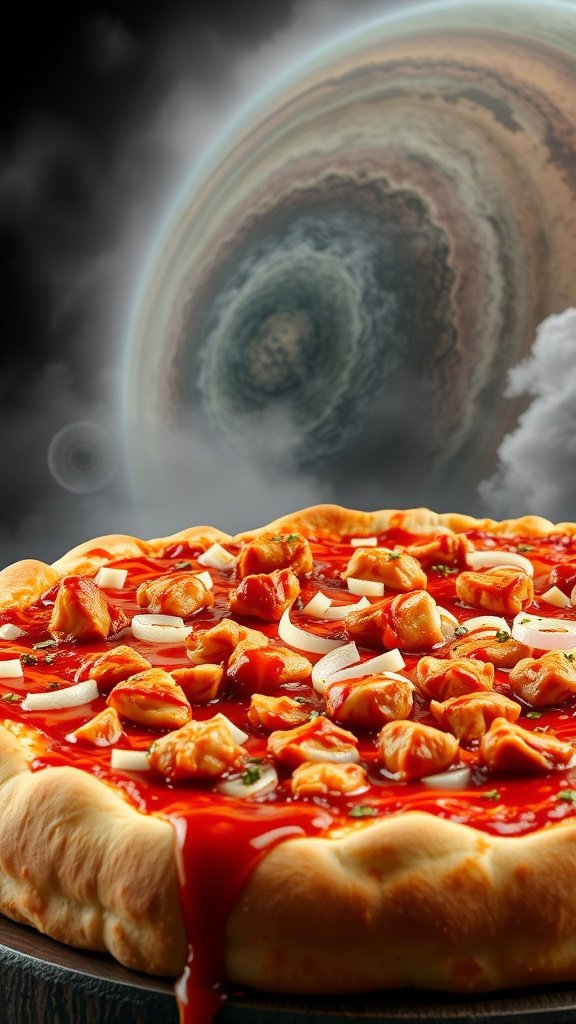 An extra-large BBQ chicken pizza with toppings, floating in space with planets in the background.