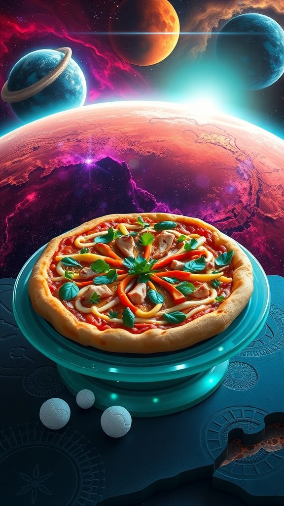 A delicious Thai Chicken Pizza inspired by the galaxy, featuring vibrant toppings and a cosmic background.