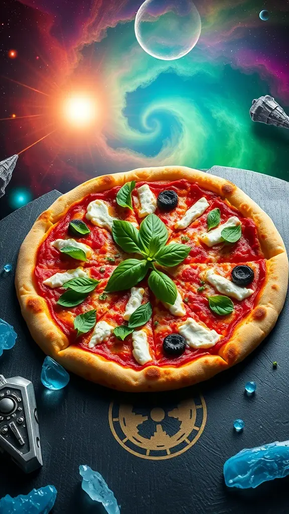 A delicious pesto and ricotta pizza with fresh basil on a cosmic background