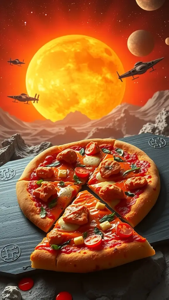A spicy buffalo chicken pizza with vibrant toppings, set against a cosmic backdrop.