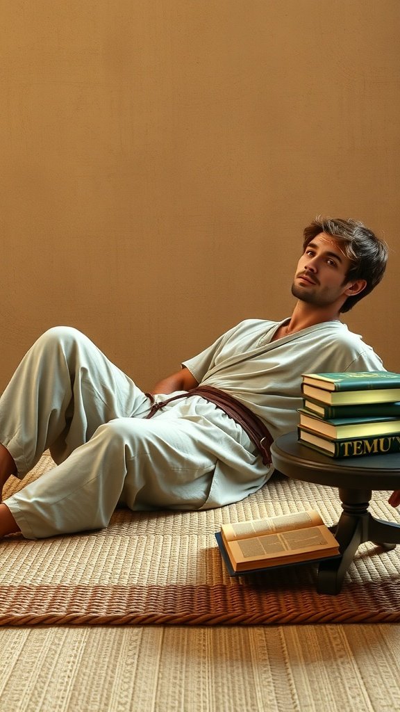 A person in a Jedi-inspired wrap set lounging in a desert meditation dome, surrounded by books.