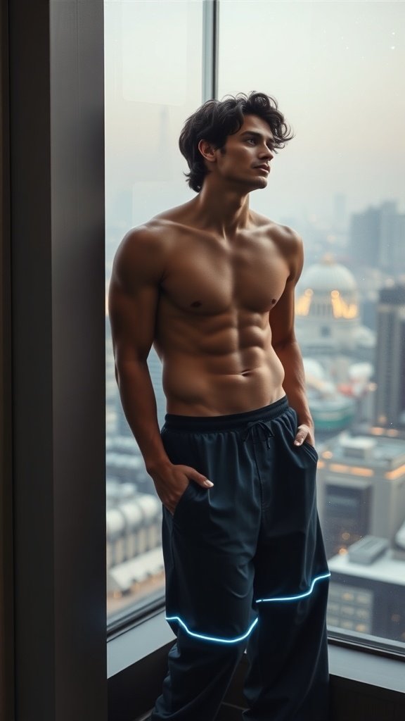 A model wearing dark silk sleep pants with holo trim, standing in a luxury sky suite with a city skyline view.
