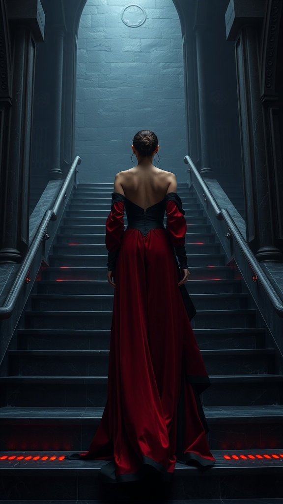 A person wearing a velvet-trimmed pajama robe stands on stairs in a dimly lit Sith temple.