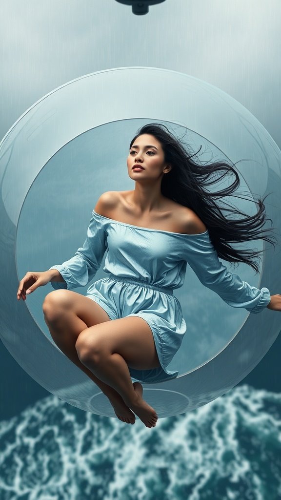 A model wearing an iridescent sleep romper floating in a transparent pod over a turbulent ocean on Kamino.