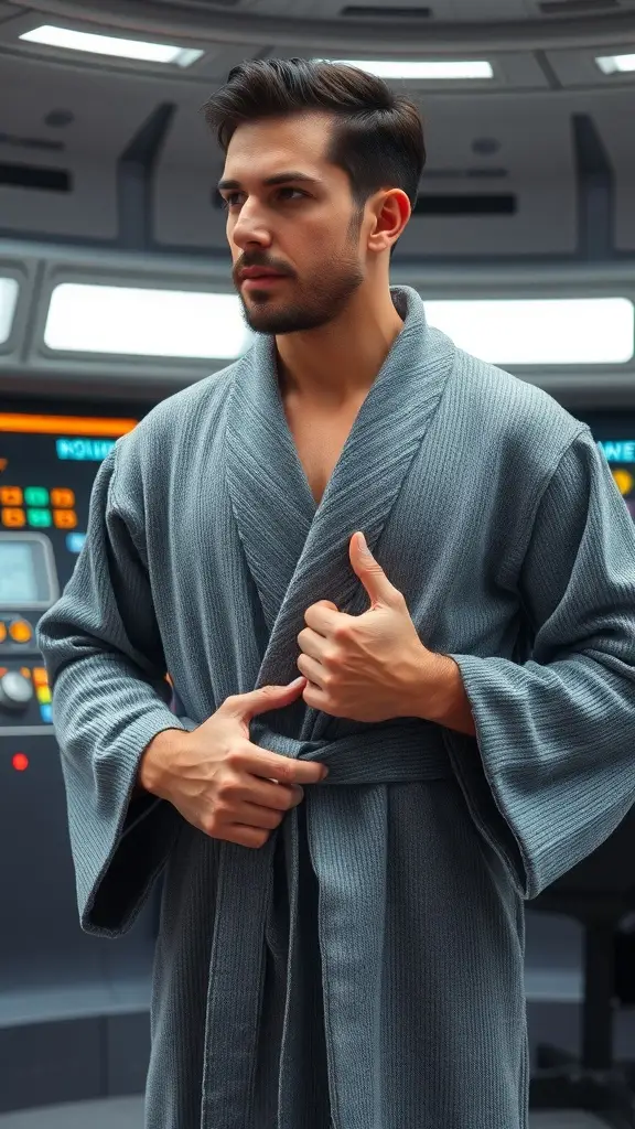A man wearing a dark grey slumber robe in a starship captain's quarters, surrounded by futuristic controls.
