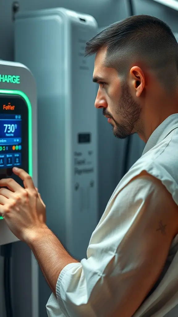 A person wearing a sleeveless tech robe in a droid maintenance bay, interacting with a futuristic control panel.