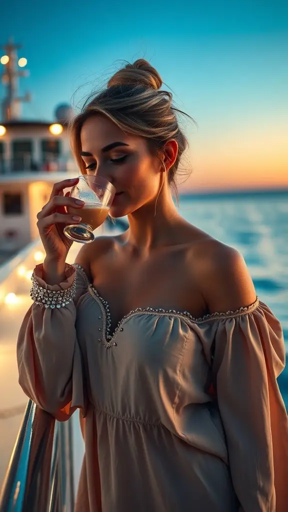A person in a metallic threaded lounge set enjoying a drink on a balcony of a docked starcruiser during sunset.