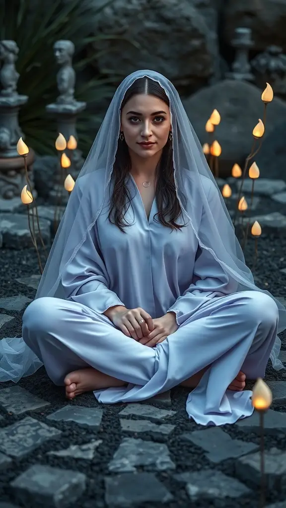 A woman in a lavender sleep tunic with a light veil, sitting in a meditation garden surrounded by soft glowing lights.