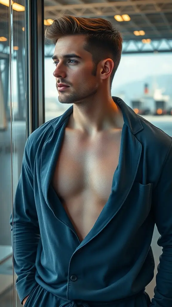 A model wearing a saber-blue lounge set in a starfighter hangar loft, showcasing futuristic sleepwear looks.