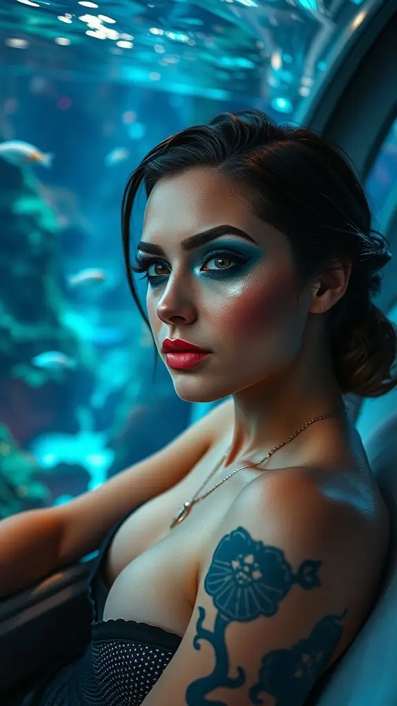 A model with teal smoke eyes and a silver waterline, sitting in a deep-sea lounge on Mon Cala, showcasing Galactic Beauty Makeup.