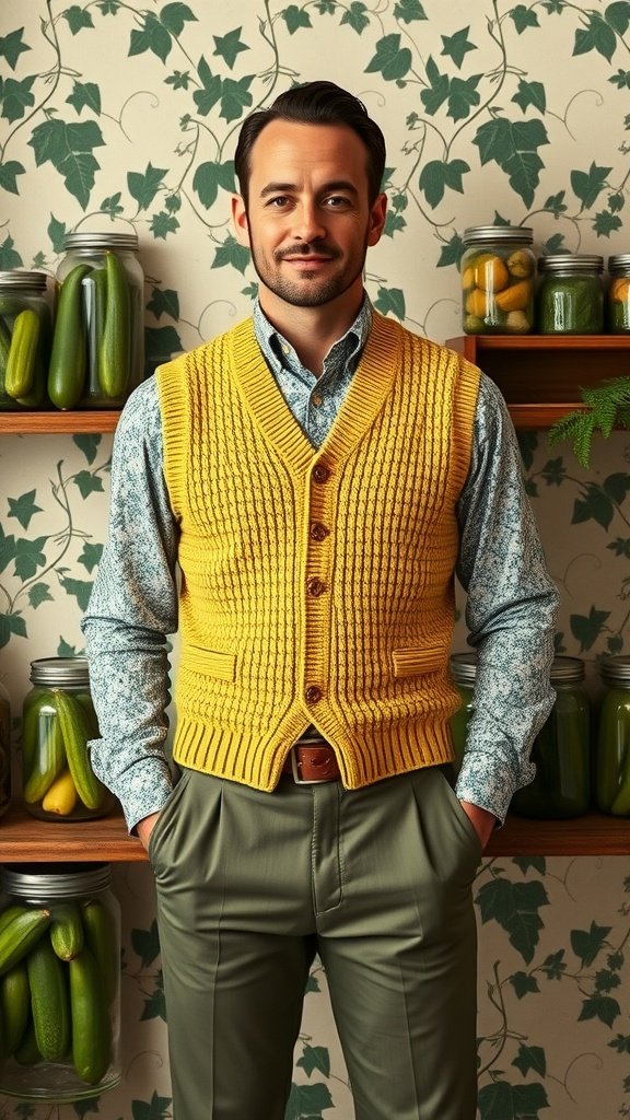 A man in a yellow vest and patterned shirt stands in front of shelves filled with jars of pickles and cucumbers.