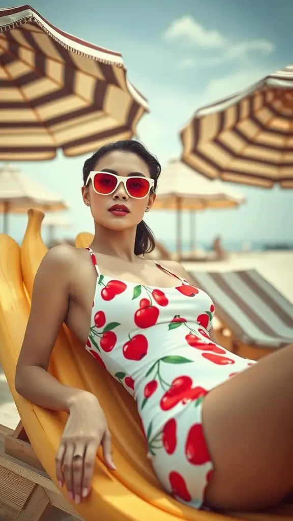 A woman in a cherry-patterned swimsuit lounging on a banana-shaped float by the pool, wearing red sunglasses.