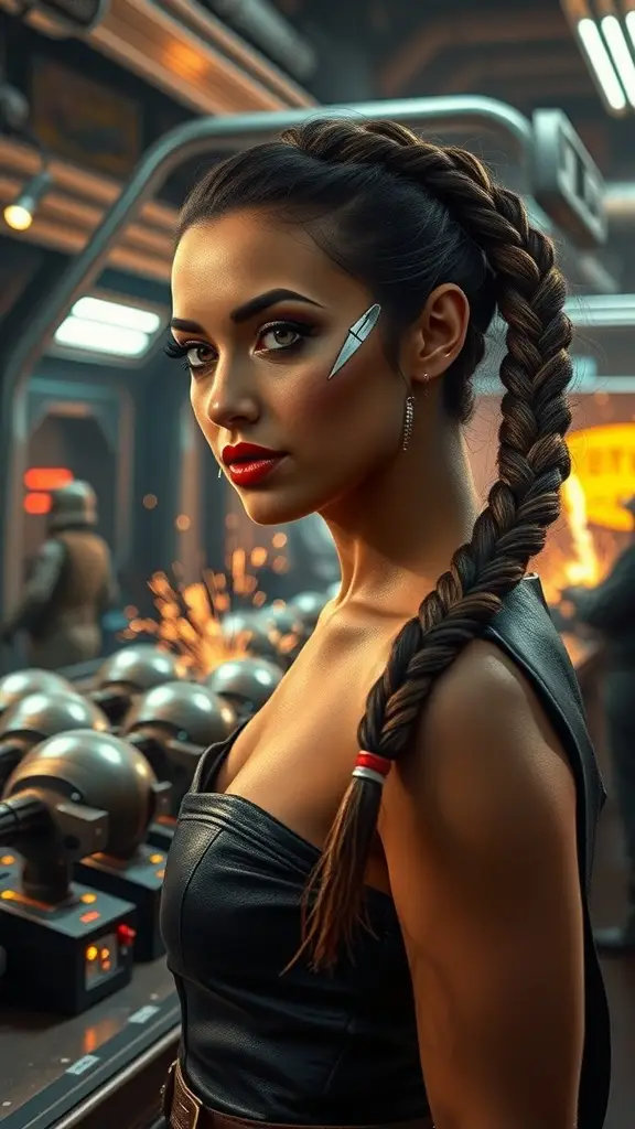 A woman with a cybernetic silver eye wing and crimson lips in a droid assembly room, showcasing a futuristic makeup style.