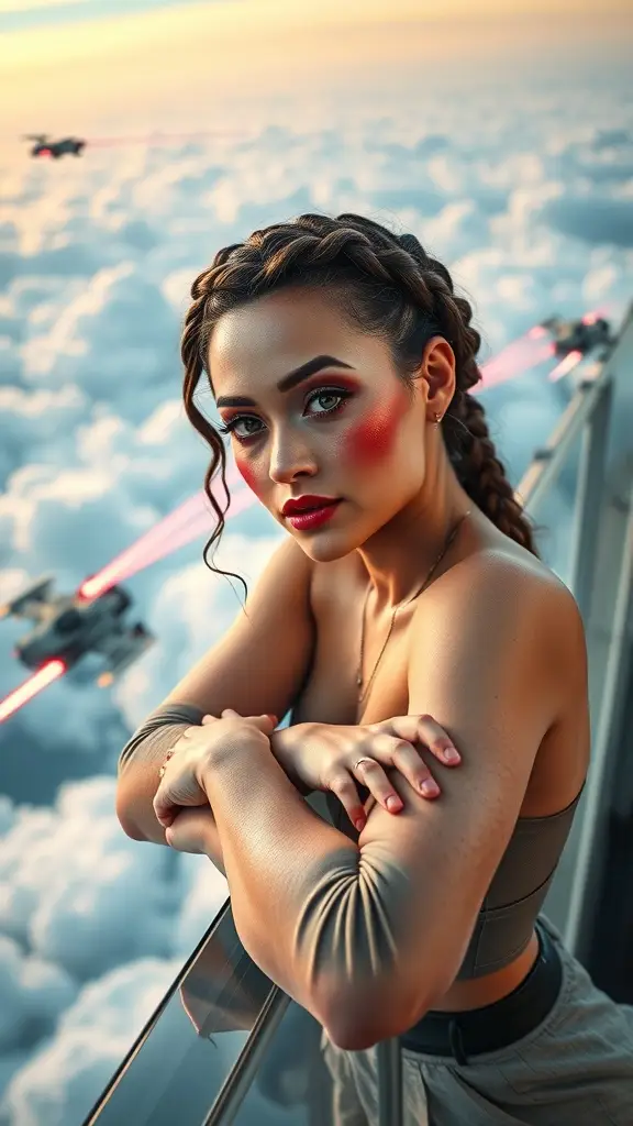 A model with braided halo hairstyle and rose-gold blush, standing on a platform above clouds with spaceships in the background.