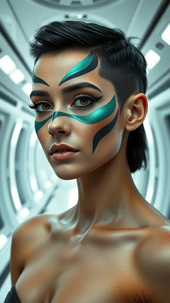 Model with abstract green and black face art in a futuristic white hallway