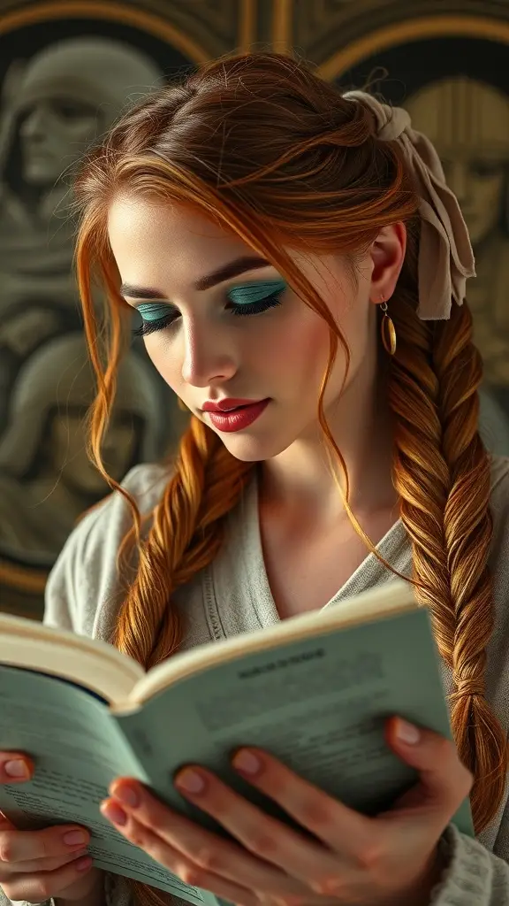A woman with braided hair and soft mint eyeshadow reading a book in a floating library on Jedha.
