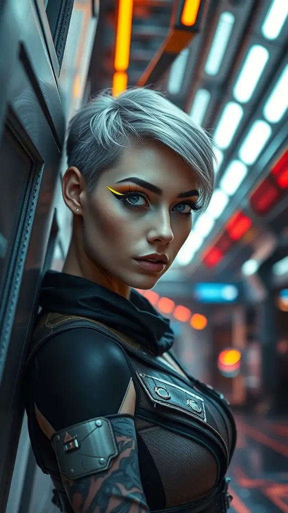 A model with black lightning liner and acid yellow inner corners in a futuristic starfreighter bay.