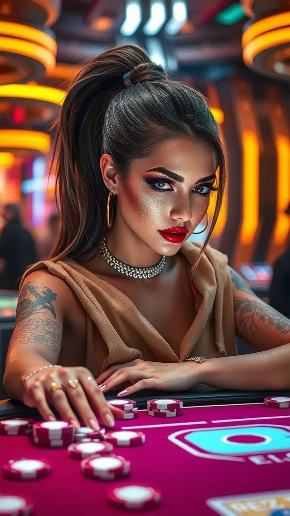 A woman with smoky bronze eyes and glitter tears, sitting at a casino table with poker chips.