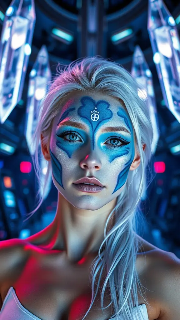 A model with swirling nebula paint on her cheeks and forehead, set against a futuristic backdrop with crystal-like structures.