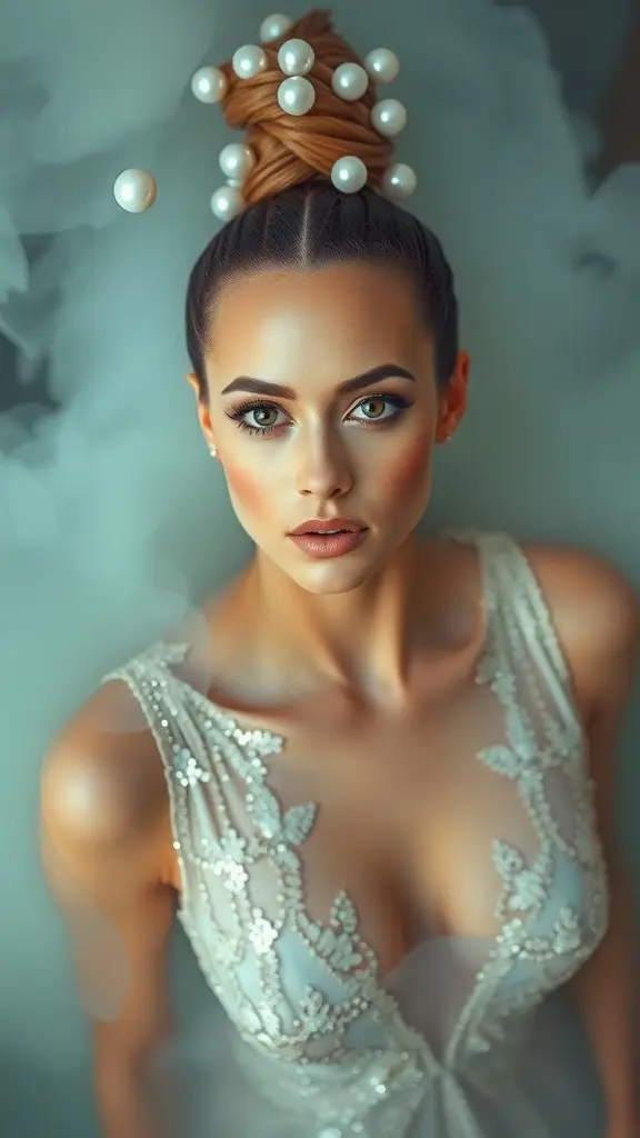 Model with soft pink liner and crushed pearl highlight, styled hair with pearls, in a serene spa setting.