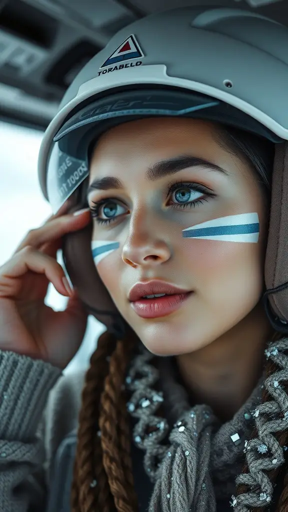 A model with striking blue eyeshadow and white stripes on her cheeks, wearing a red jacket and braids, inspired by a rebel base on Hoth.