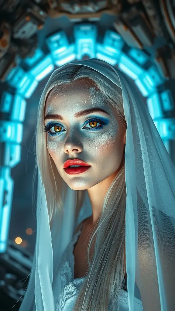 Model with ethereal white face paint and blue lashes in a mystical setting with crystals.
