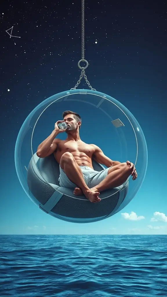 A person in space mesh trunks relaxing in a transparent observation sphere above the ocean, under a starry sky.