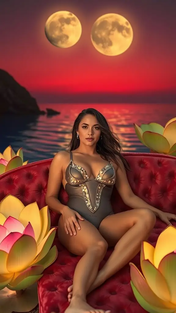 A model in a dual-moon cutout swimsuit lounging on a floating garden deck, with two moons in the sky and a glowing lotus flower.