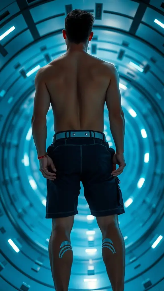 A person wearing cyber-pool shorts with a jetpack belt, standing in a futuristic setting.