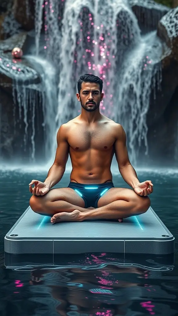 A person meditating on a floating platform in front of a waterfall, surrounded by nature.