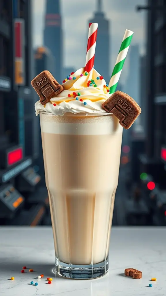 A futuristic vanilla milkshake topped with whipped cream, colorful sprinkles, and droid-shaped cookies.