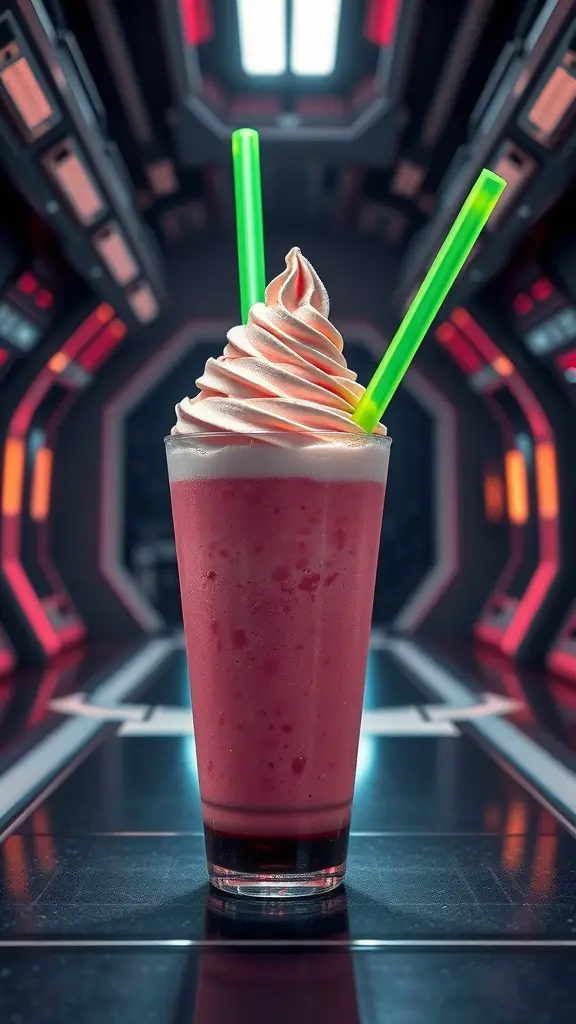 A vibrant strawberry banana shake with whipped cream and neon straws, set in a futuristic background.