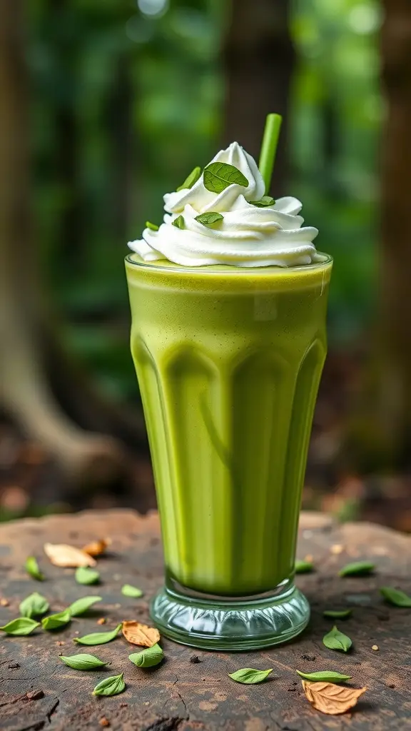 A green matcha shake topped with whipped cream and mint leaves