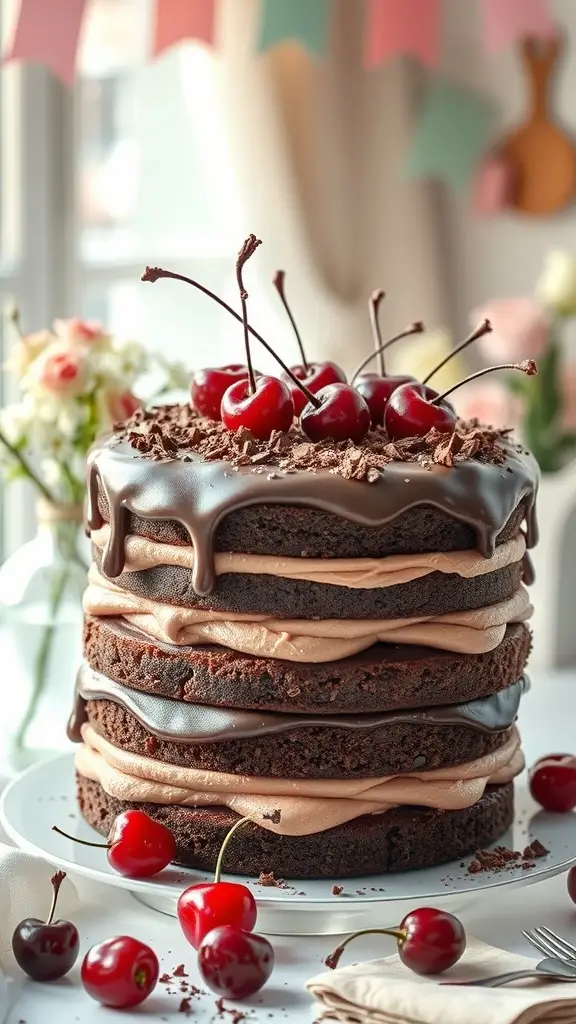 A tall, layered cherry chocolate cake with chocolate ganache and fresh cherries on top, set on a table with flowers and decorations.