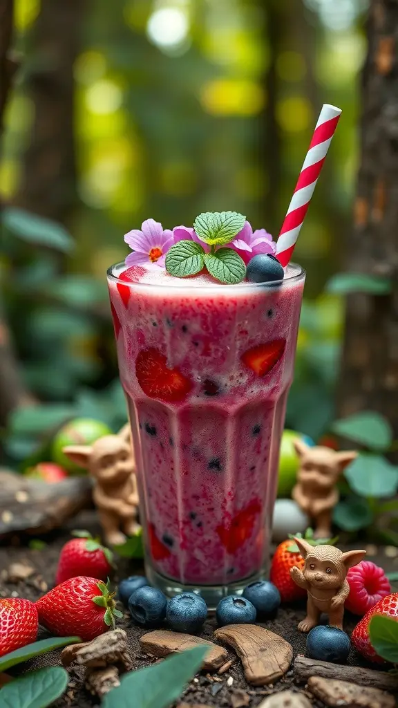 A colorful berry shake topped with mint leaves and surrounded by fresh berries and cute figurines.