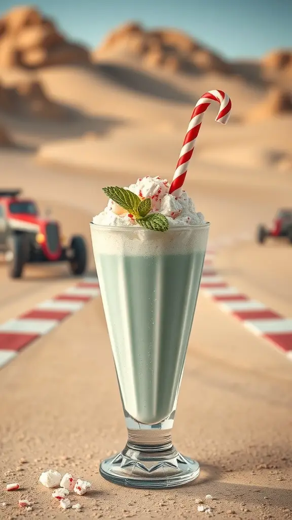 A futuristic peppermint shake with whipped cream and a candy cane, set against a desert backdrop.
