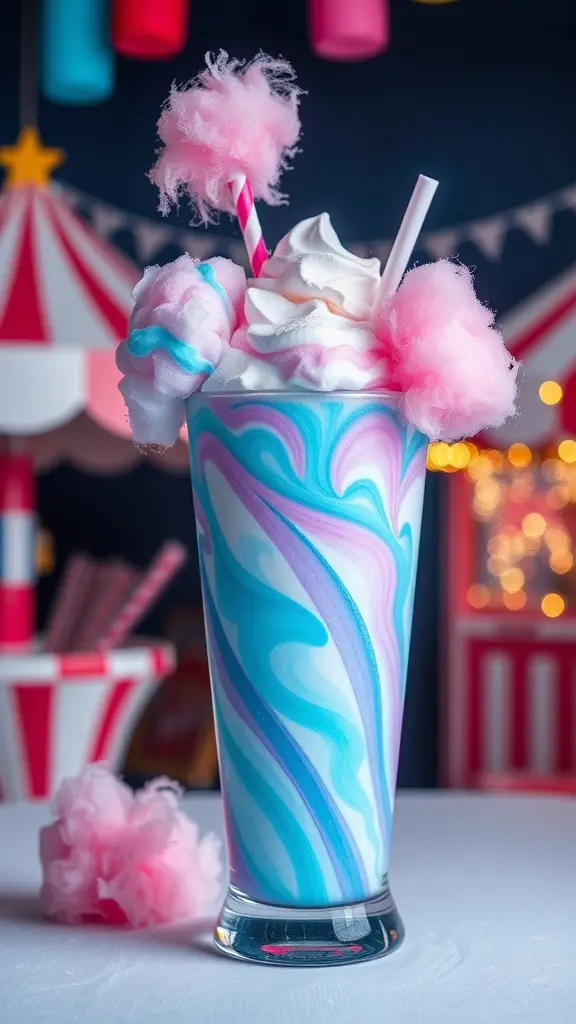 A colorful cotton candy shake with swirls of blue and purple, topped with whipped cream and cotton candy.