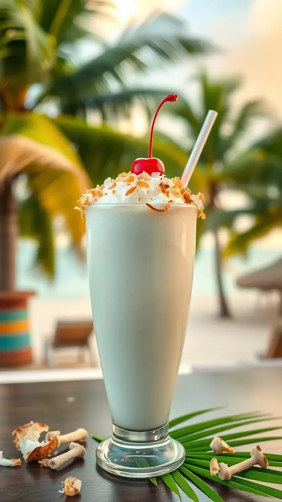 A delicious Bounty Hunter Coconut Shake topped with whipped cream, toasted coconut, and a cherry.