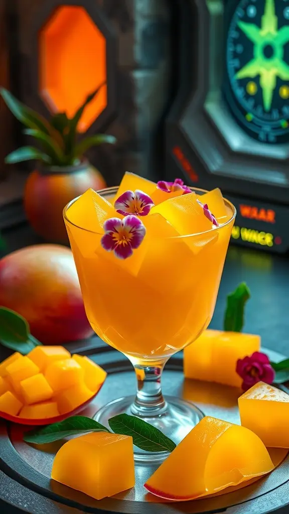A vibrant glass of mango jellyfruit with colorful jelly cubes and edible flowers, set against a futuristic backdrop.