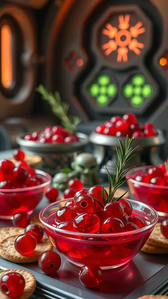Colorful bowls of tart cranberry jellyfruit with crackers and a futuristic background