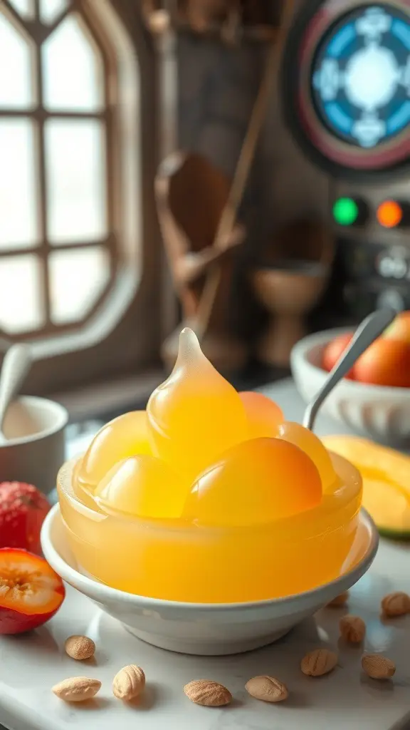 A bowl of colorful jellyfruit with almonds, set in a cozy kitchen.