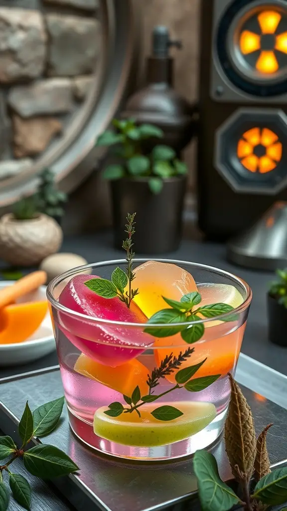A colorful assortment of jellyfruit in a glass bowl, infused with fresh herbs, set against a backdrop of a cozy kitchen.