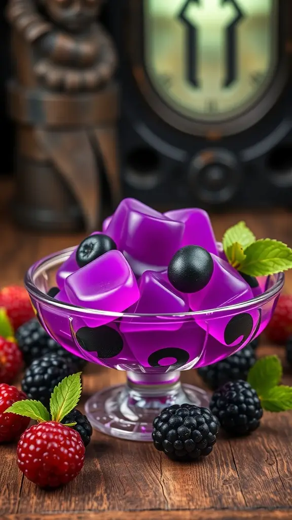 A bowl of purple jellyfruit shaped like cubes, surrounded by fresh blackberries and raspberries.