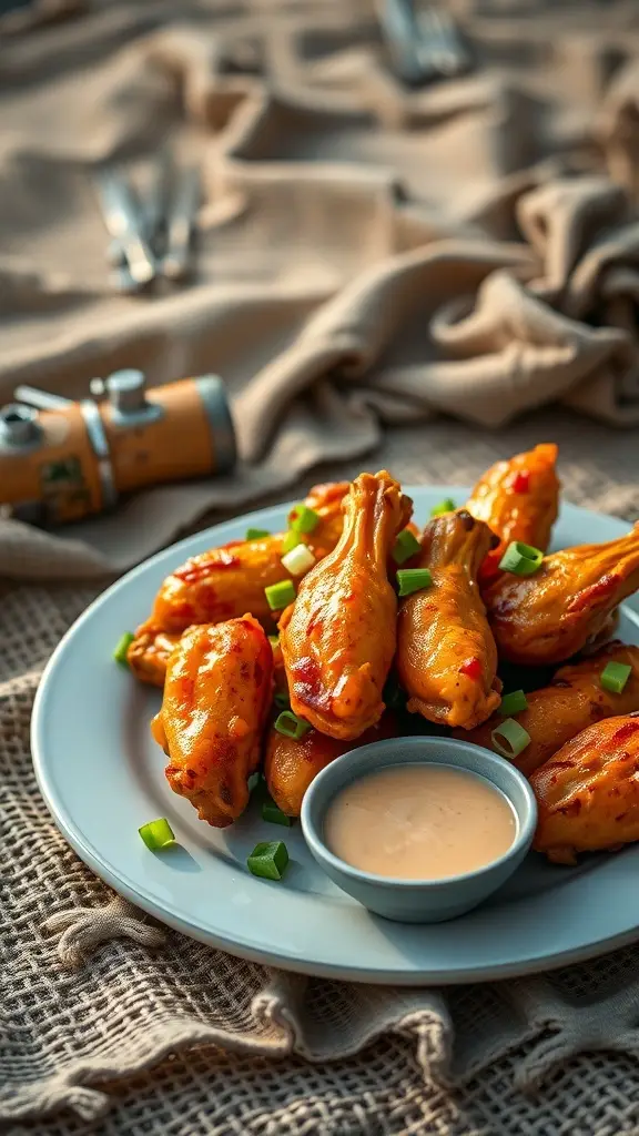 A plate of spicy mango chicken wings with a dipping sauce and green onions