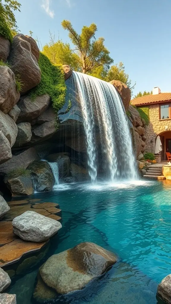A beautiful waterfall cascading into a clear pool surrounded by rocks and greenery.