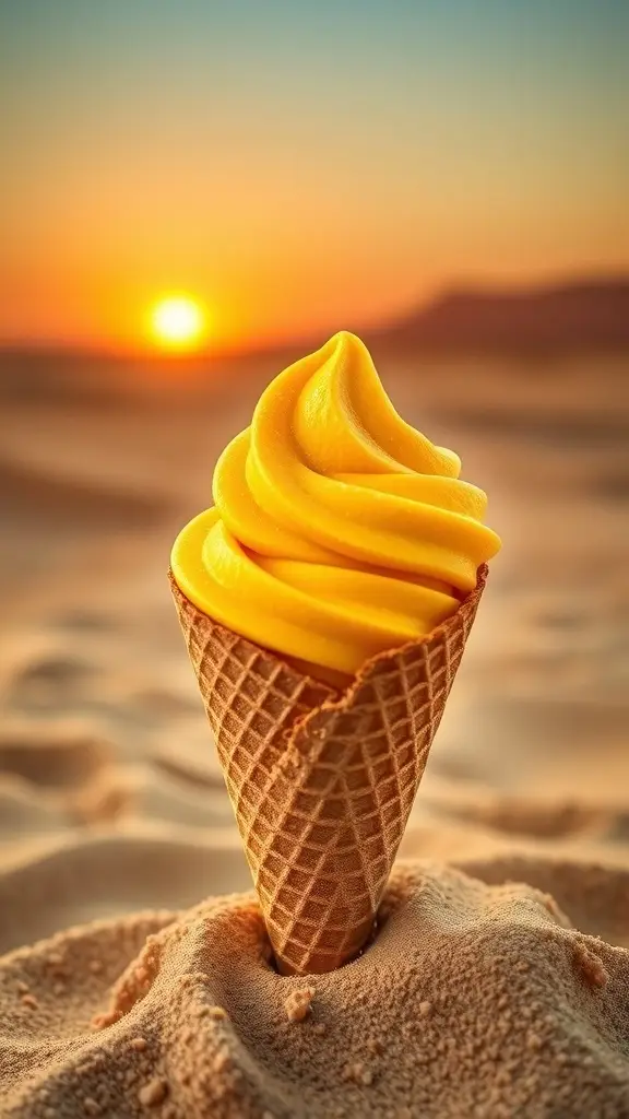 A delicious mango gelato in a cone against a sunset background
