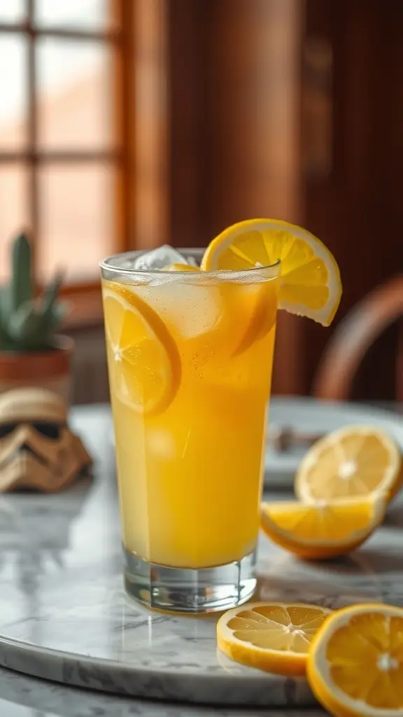 A refreshing glass of mango lemonade with lemon slices on a marble table.