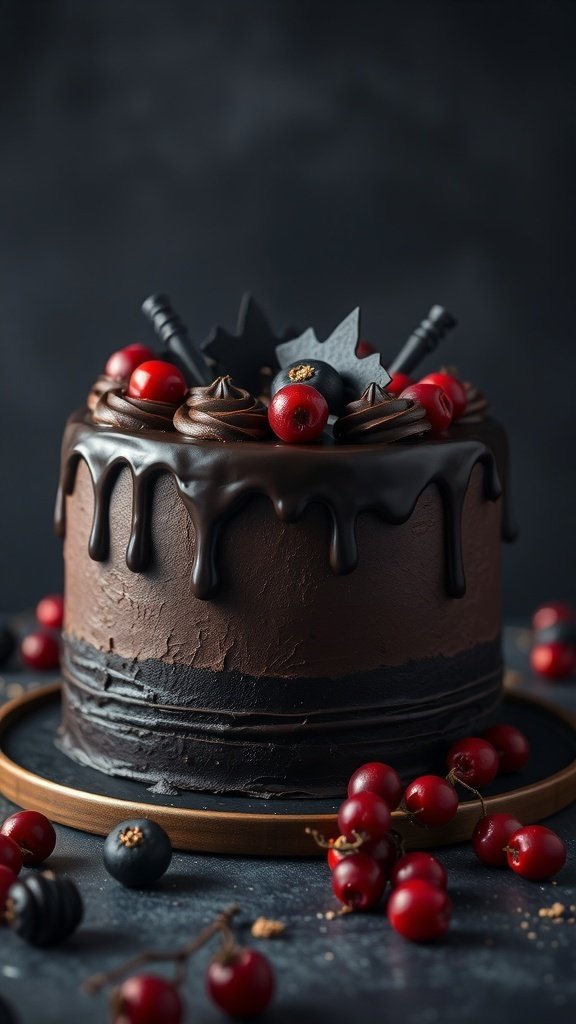 A rich dark chocolate cake decorated with chocolate ganache, red berries, and dark chocolate shards.