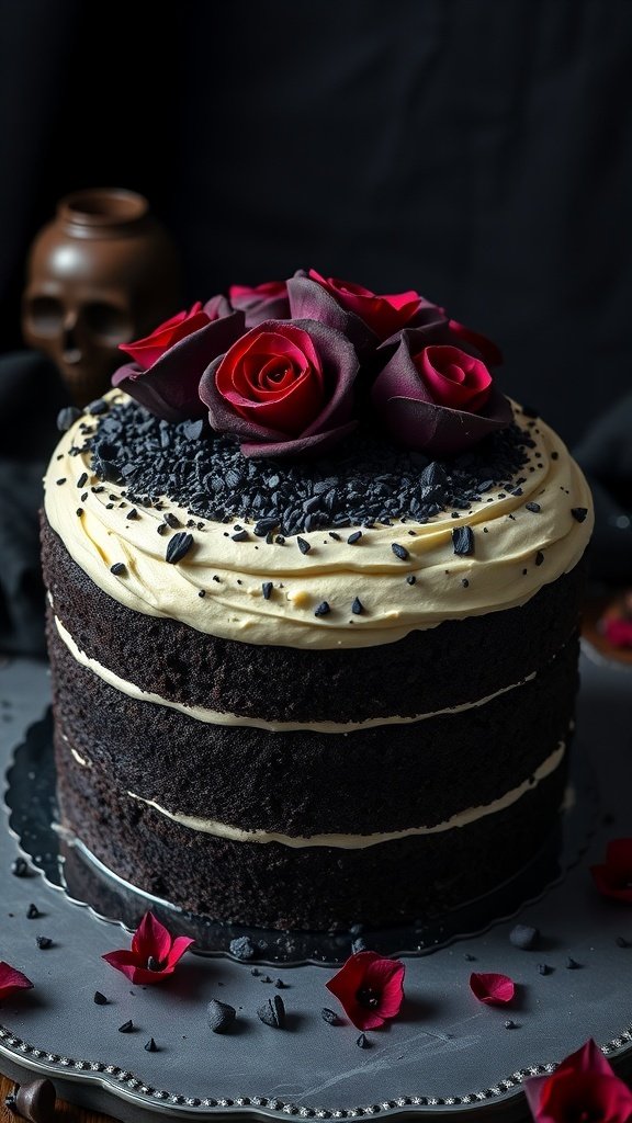 A stunning black velvet cake decorated with red roses and dark chocolate shavings, set against a dark background.